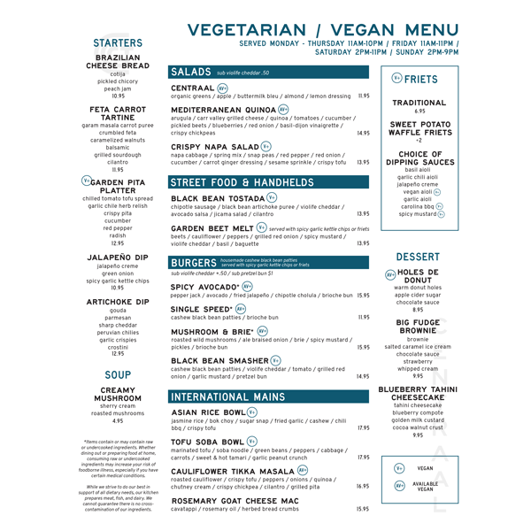 Centraal Vegetarian/Vegan Menus