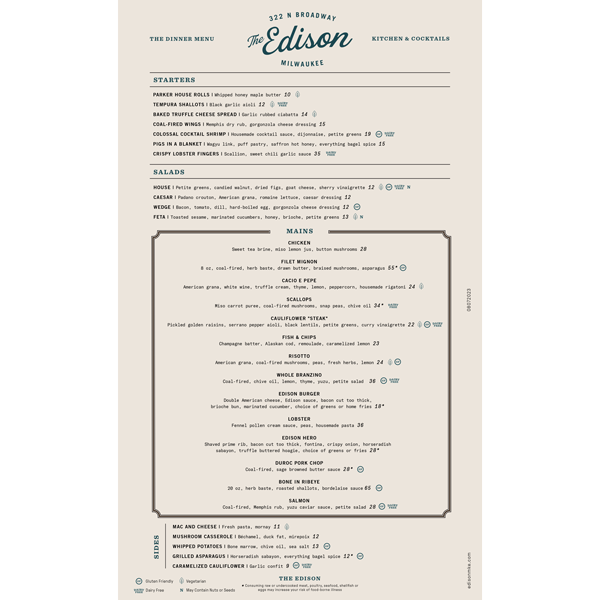 The Edison Dinner Menu